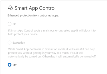 Smart App Control settings showing Off selected