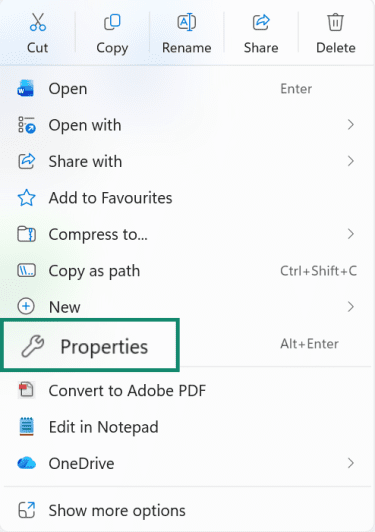 File Explorer right-click menu with Properties selected for a file.