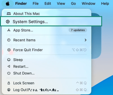 macOS Apple menu with "System Settings" highlighted.
