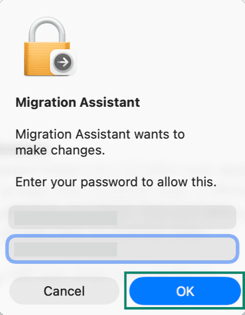 A Mac security window, asking the user to enter their password before files can be transferred from another device.