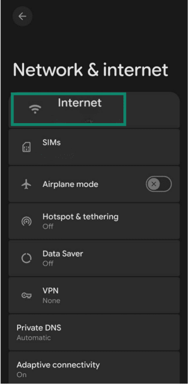 Internet option in Network & internet on Android.
