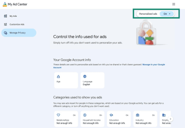 My Ad Center Manage Privacy tab.