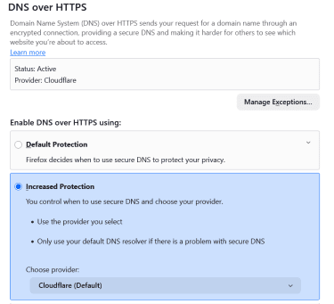 Firefox DNS over HTTPS settings page showing Status set to Active, provider set to Cloudflare, and Increased Protection selected.