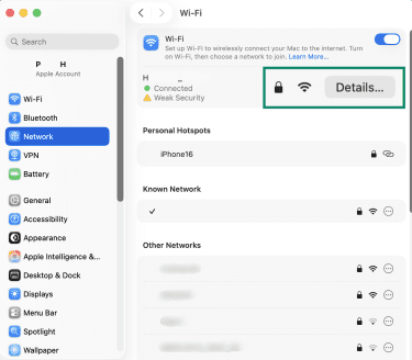 macOS Wi-Fi settings showing the connected network with the Details button highlighted.