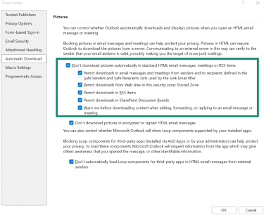 Outlook Trust Center Automatic Download settings with picture download restrictions enabled.