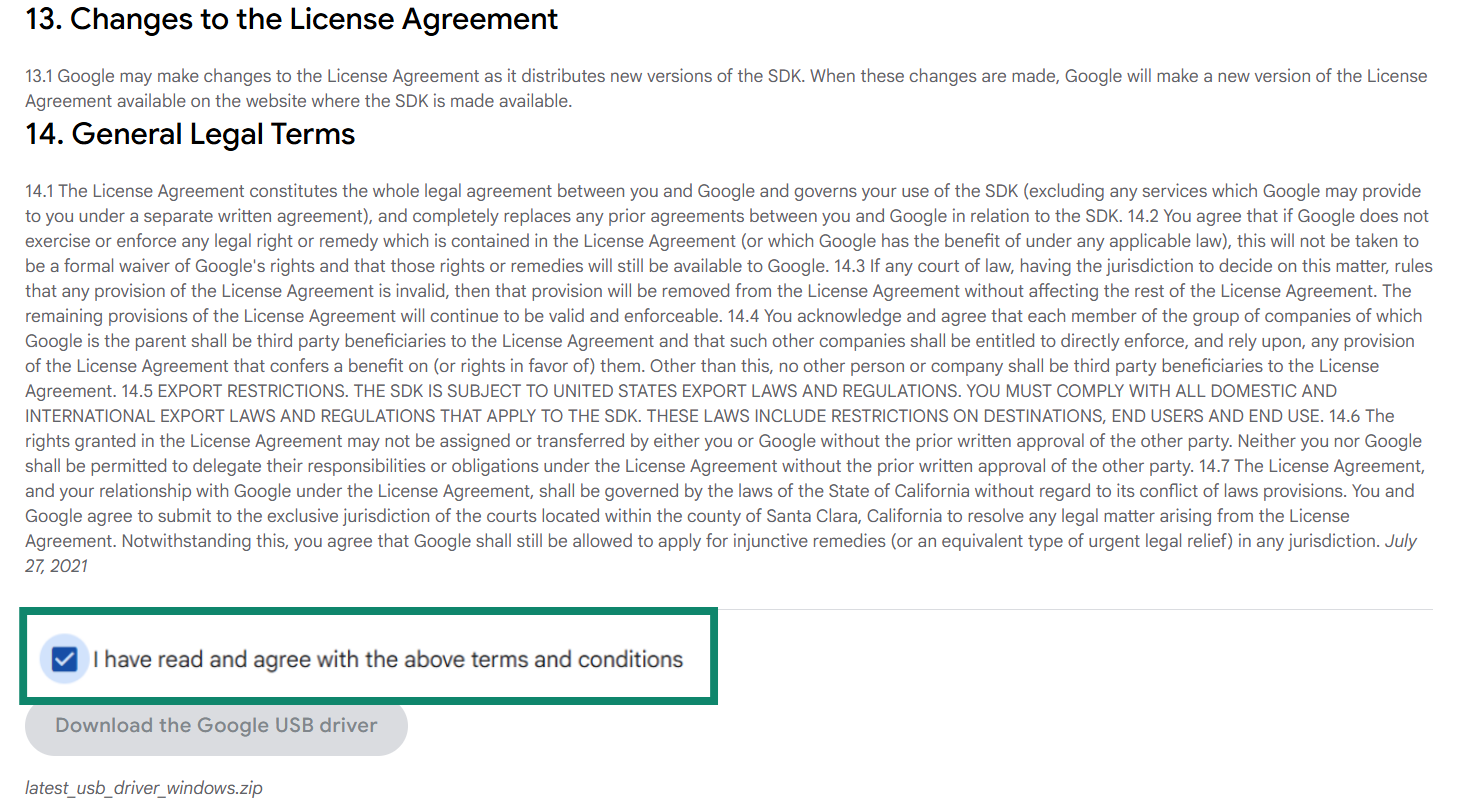 Google USB driver license agreement acceptance and download button.