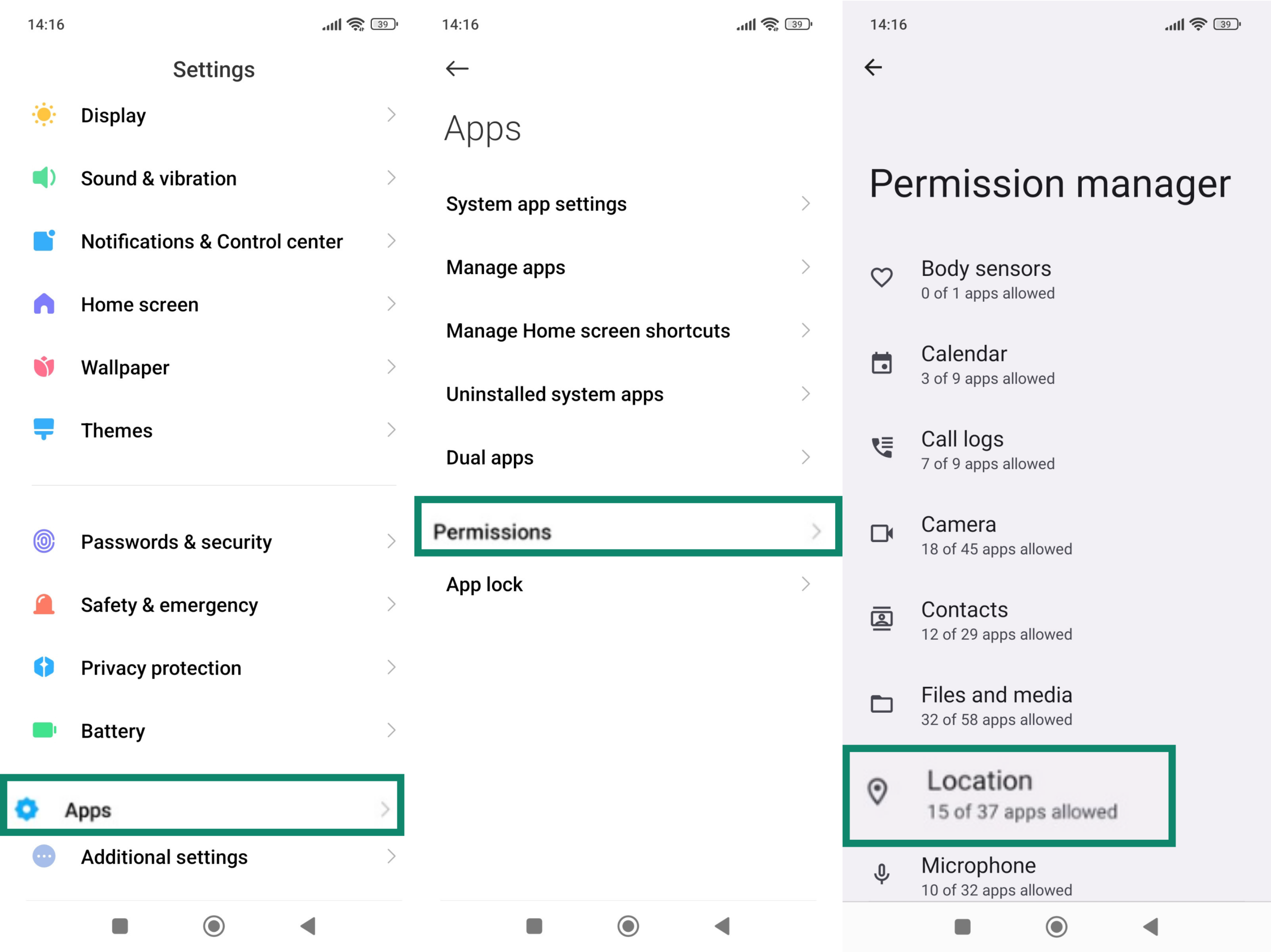 Android Settings menu with the Apps option highlighted (left), the Apps menu with Permissions option highlighted (middle), and the Permission manager menu with the Location option highlighted (right)