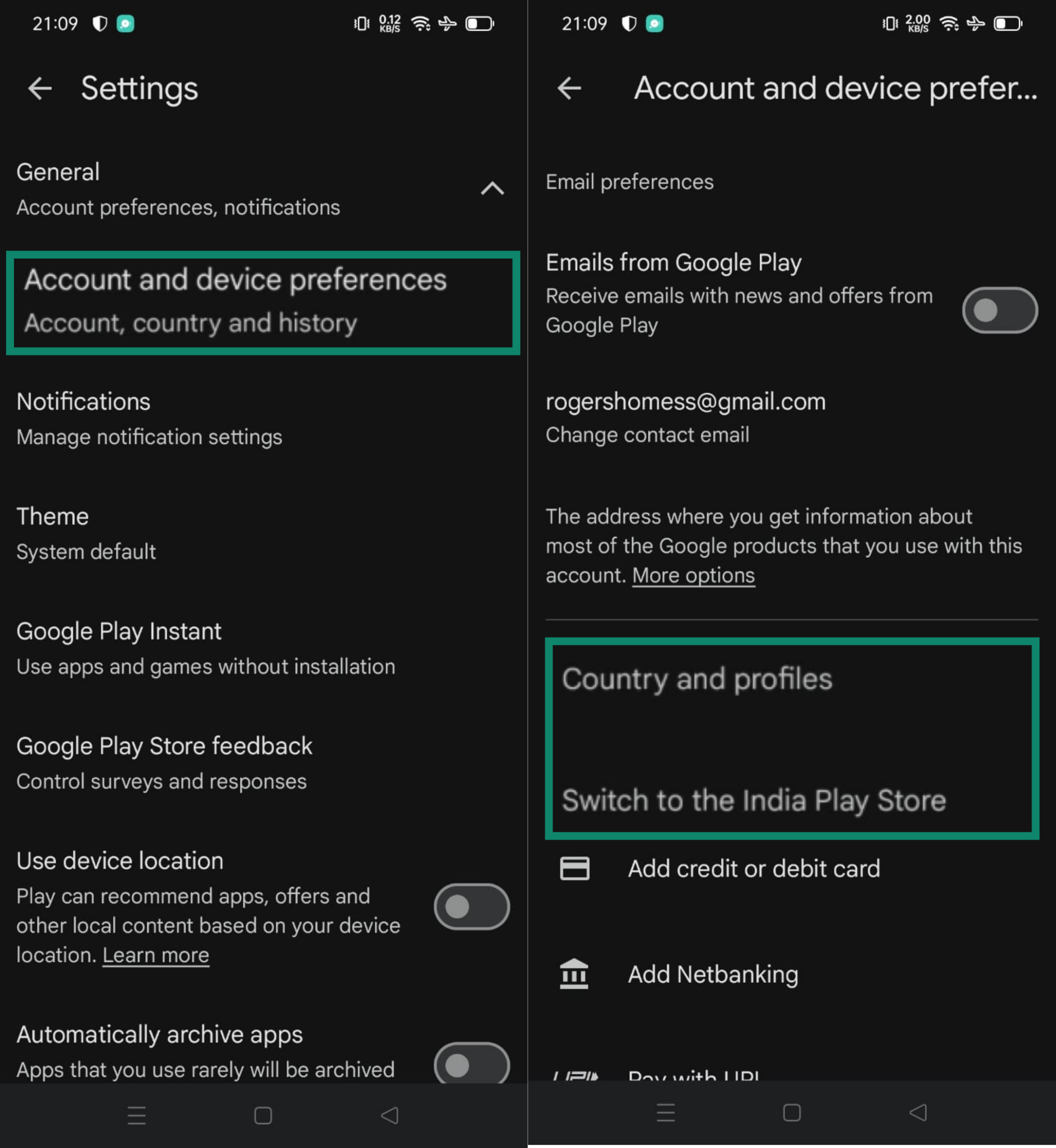 Google account Settings menu with Account and device preferences option highlighted (left) and Google Play Store Country and profiles option (right)