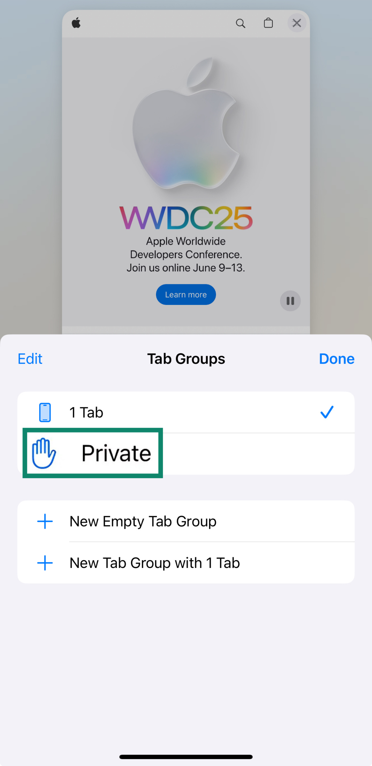 The Safari Private tab on an iPhone.