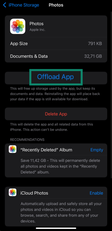 The iOS offload app page.