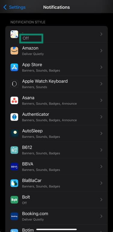 Turning a notification off in iOS through your settings.