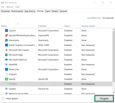 Disabling a Windows Startup app.