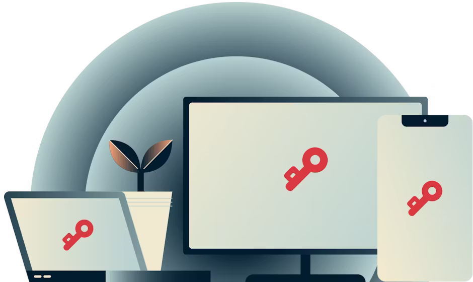 مجموعة من الأجهزة عليها قفل يحمل شعار ExpressVPN Keys.