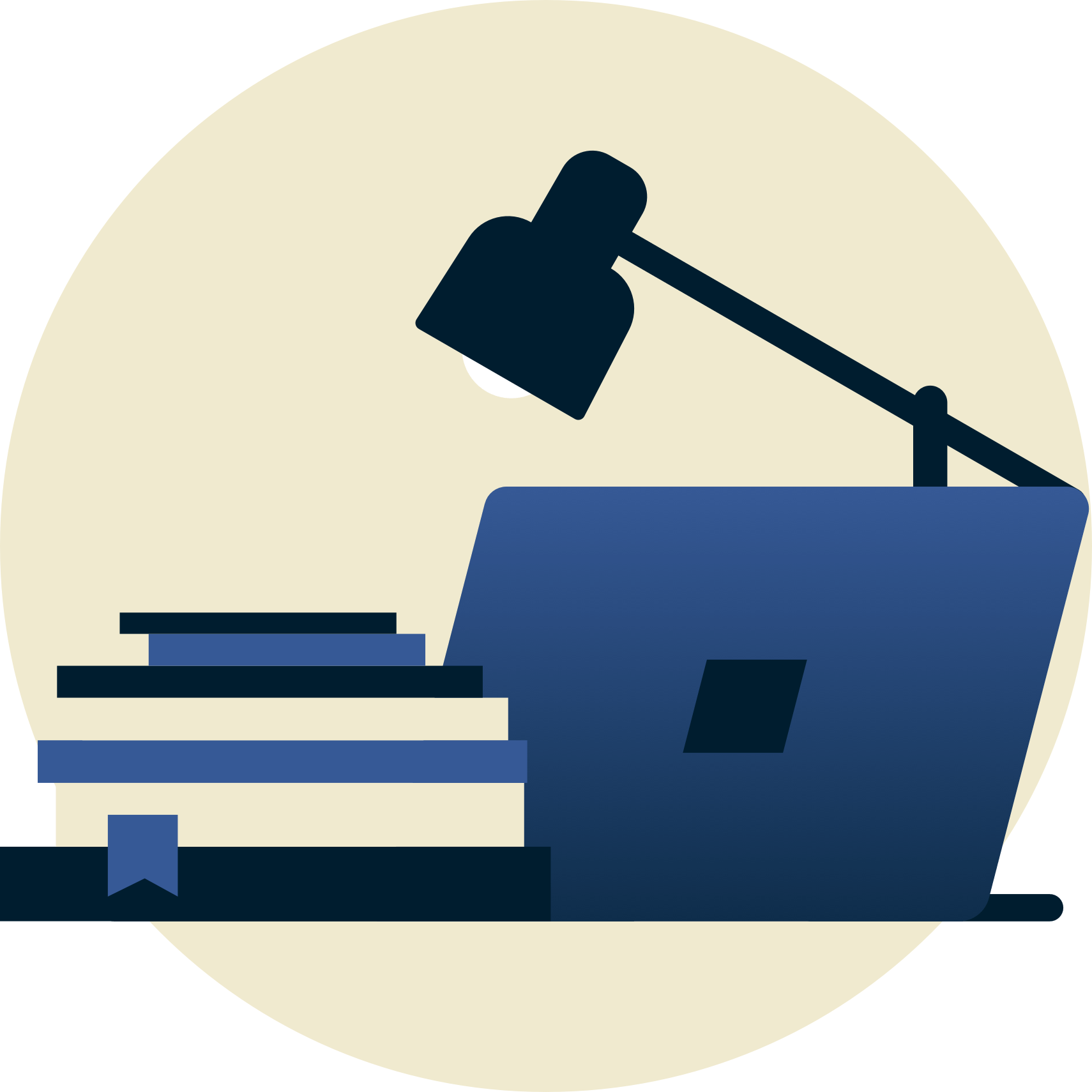 학교 책과 노트북 위에 등불이 켜집니다.